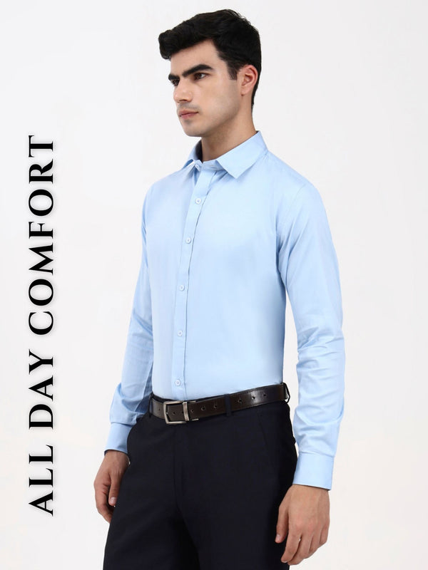 Men’s Pastel Blue Cotton-Satin Formal Shirt | Tailored Fit Office & Occasion Wear