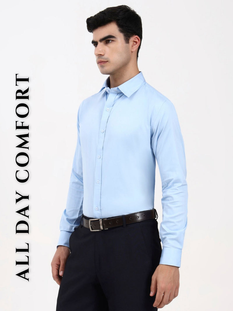 Men’s Pastel Blue Cotton-Satin Formal Shirt | Tailored Fit Office & Occasion Wear