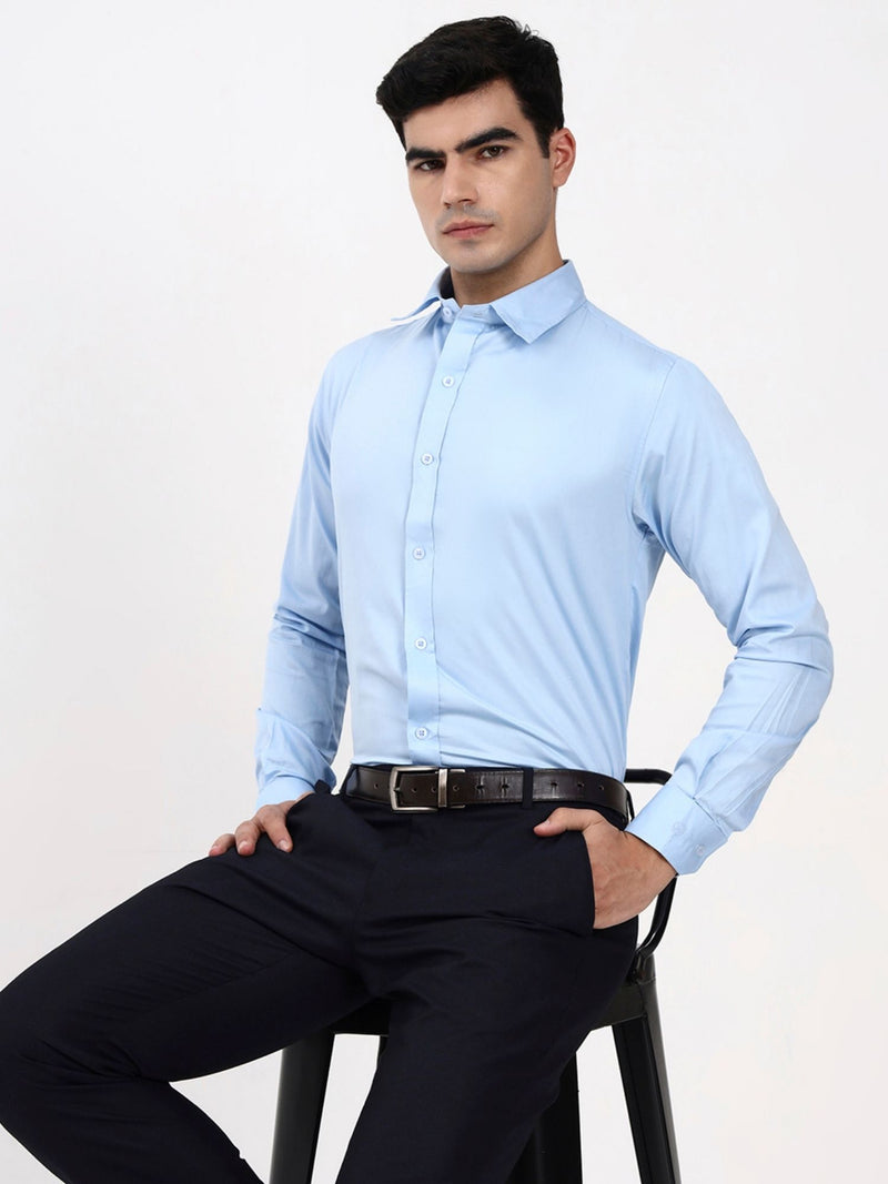 Men’s Pastel Blue Formal Shirt | Tailored Fit Cotton-Satin for Office & Occasions