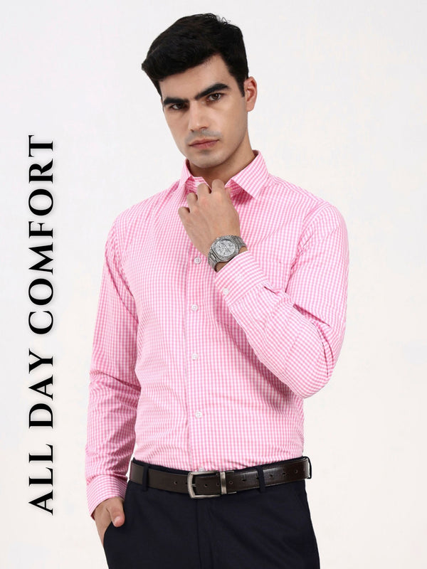 Men’s Pink Check Shirt | Tailored Fit Cotton with Regular Cuffs & Chest Pocket