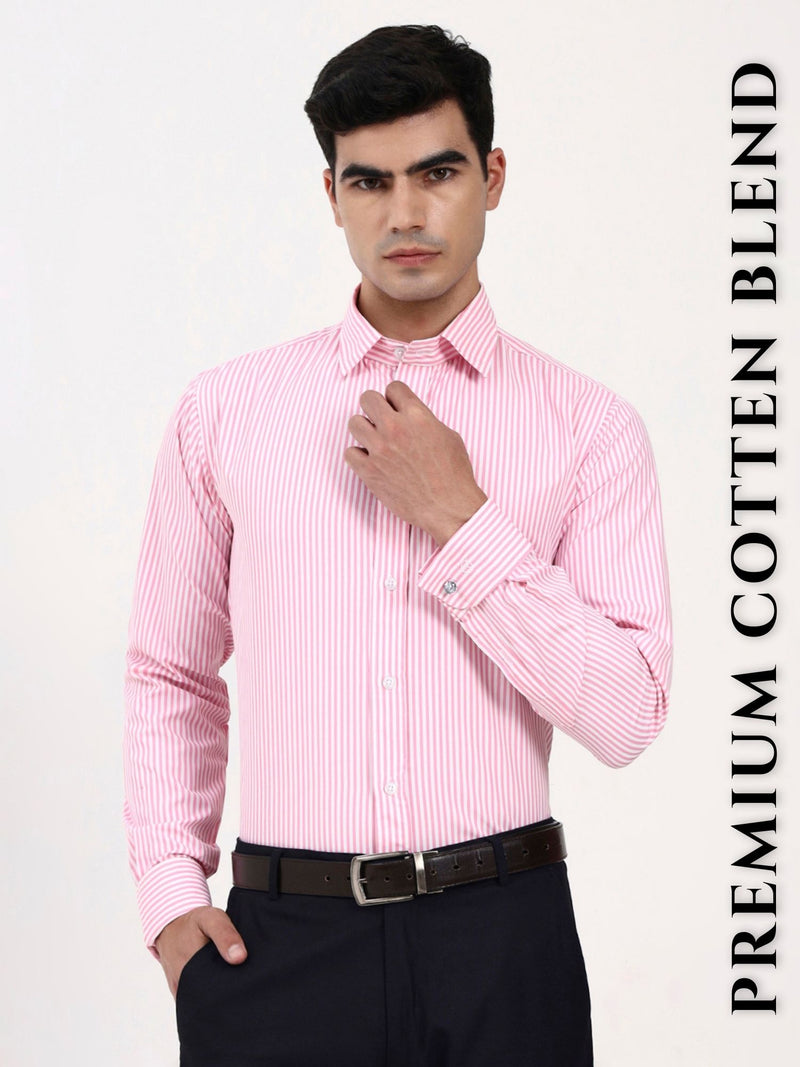 Men’s Pink Striped Cotton Formal Shirt | Tailored Fit with French Cuffs for Office & Events