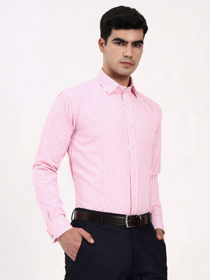 Men’s Pink Striped Cotton Shirt | Tailored Fit French Cuffs for Work & Events