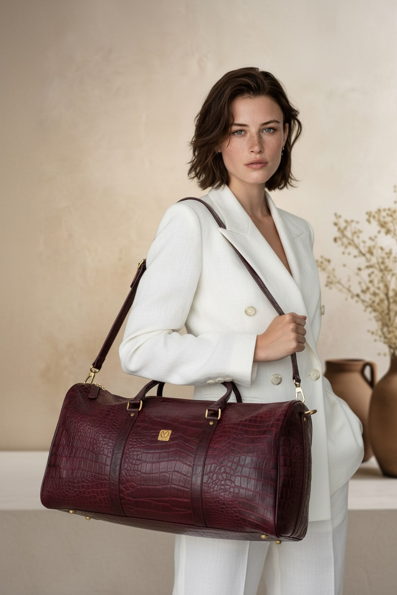 Ya Qalbi Maroon Crocodile Texture Genuine Leather Weekender Bag – The Ultimate Travel Duffle for Men & Women