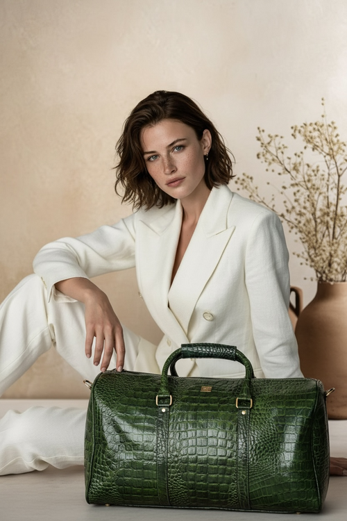 Ya Qalbi Green Crocodile Texture Genuine Leather Weekender Bag – The Ultimate Travel Duffle for Men & Women