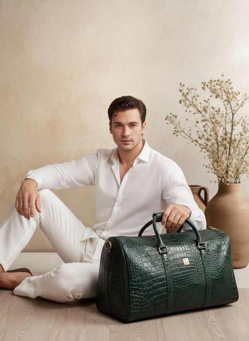 Ya Qalbi Blue Crocodile Texture Full Grain Leather Weekender Bag – The Ultimate Travel Duffle for Men & Women