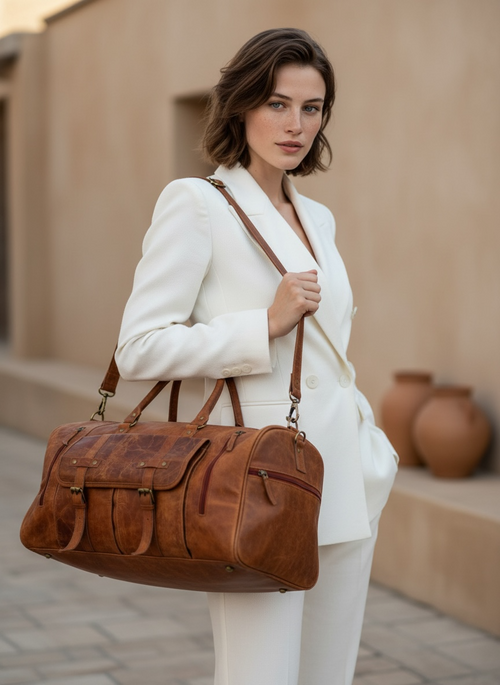 Large Carry On Leather Duffel Bag, Weekender & Overnight Travel Bag for Men & Women