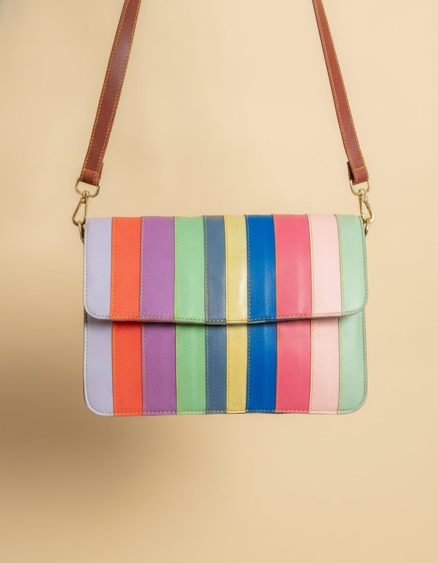 One-of-one rainbow stripe leather flap crossbody, rainbow stripe flap colourway