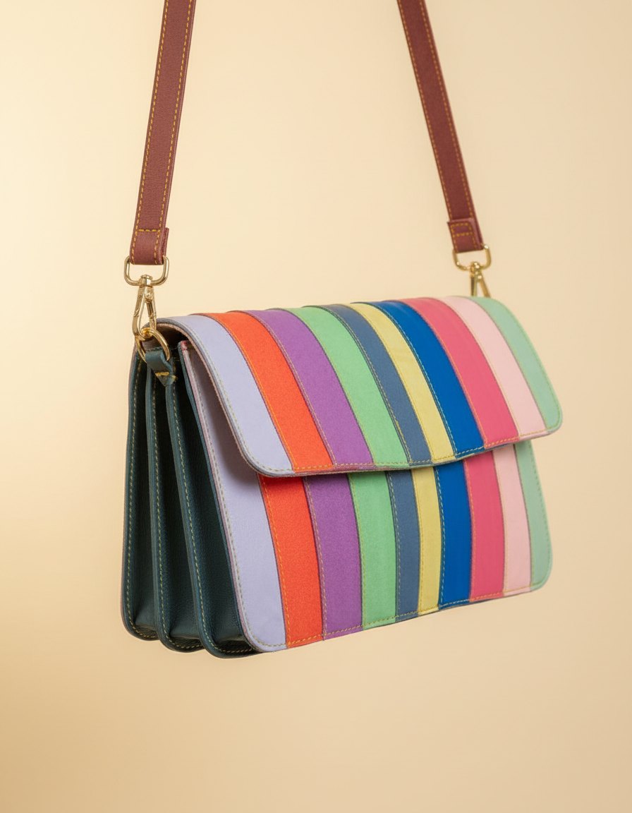 One-of-one rainbow stripe leather flap crossbody, rainbow stripe flap colourway