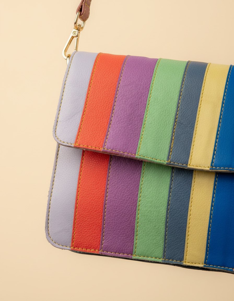 One-of-one rainbow stripe leather flap crossbody, rainbow stripe flap colourway