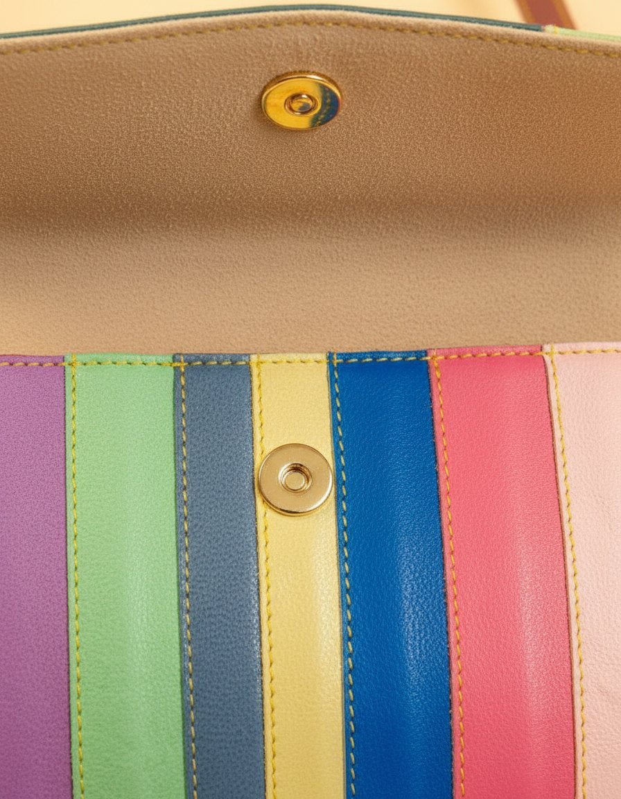 One-of-one rainbow stripe leather flap crossbody, rainbow stripe flap colourway