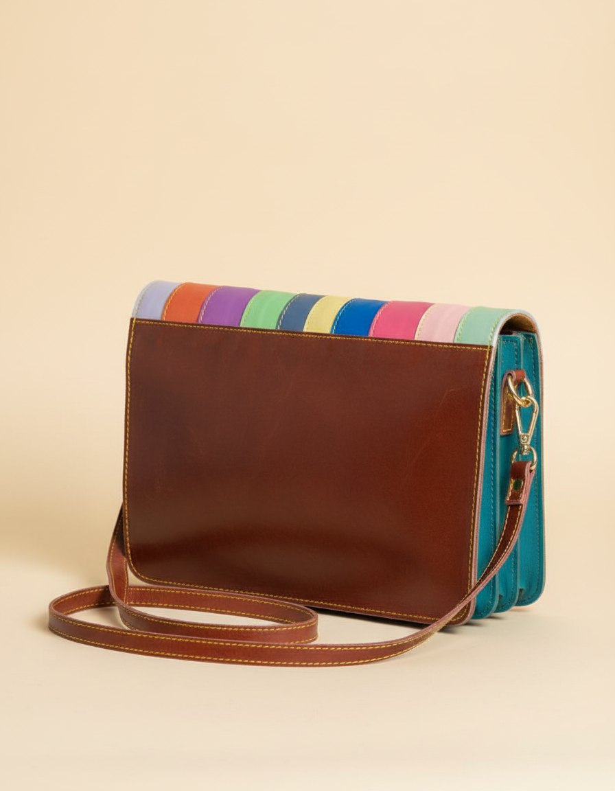 One-of-one rainbow stripe leather flap crossbody, rainbow stripe flap colourway
