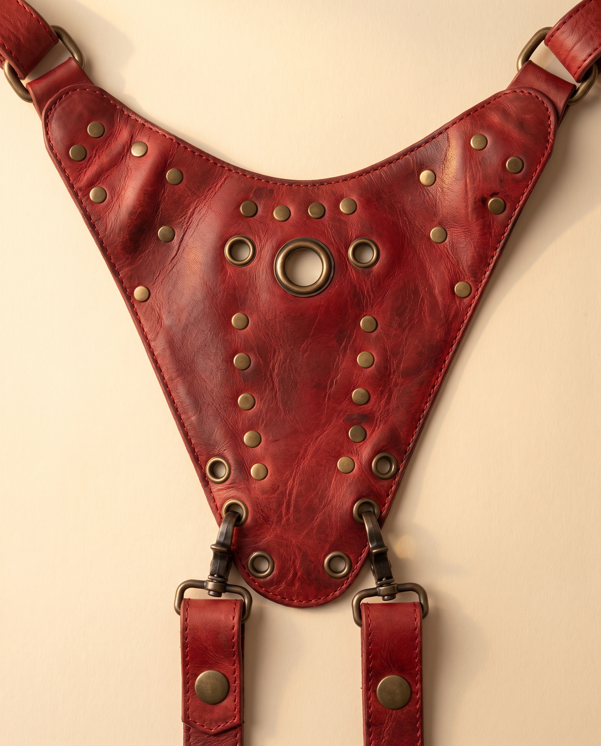 Red leather harness bag with two detachable pouches, by Ya Qalbi