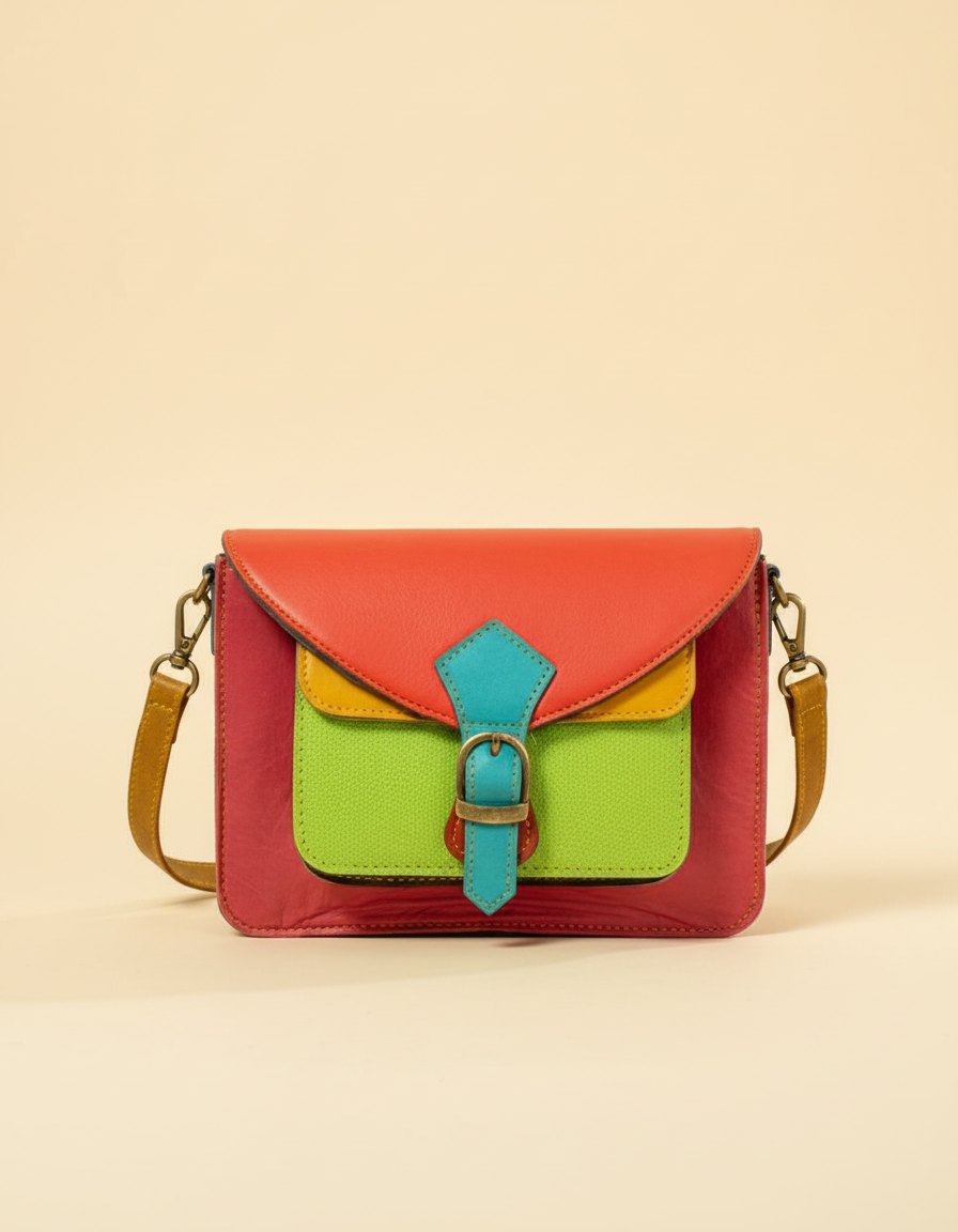 One-of-one mini leather satchel, red lime turquoise mini satchel colourway