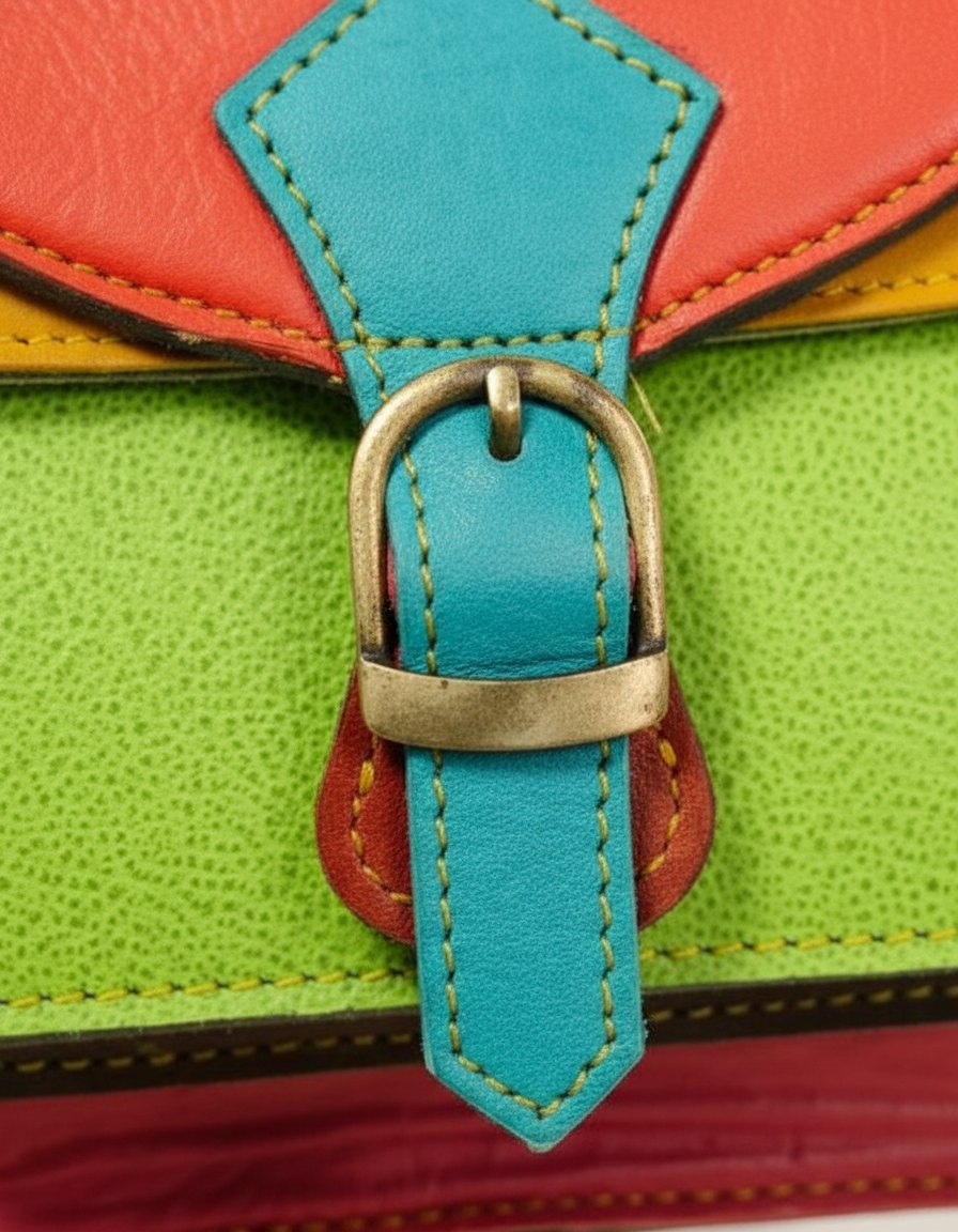One-of-one mini leather satchel, red lime turquoise mini satchel colourway
