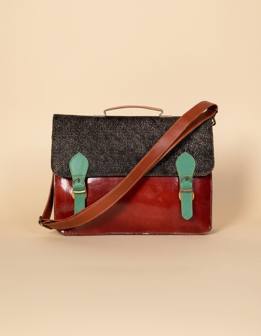 One-of-one hair-on flap leather laptop satchel, spotted flap oxblood satchel colourway (cowhide)