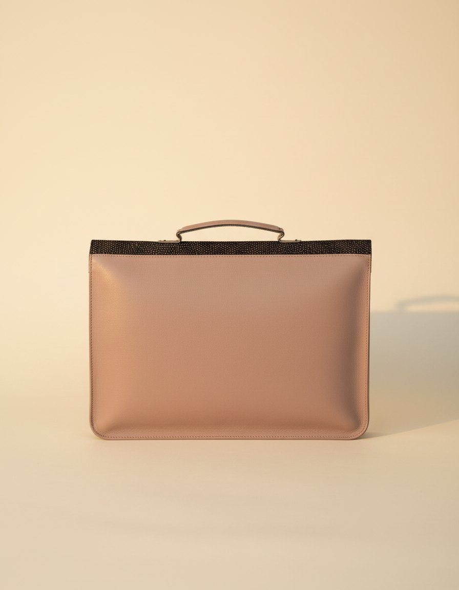 One-of-one hair-on flap leather laptop satchel, spotted flap oxblood satchel colourway (cowhide)