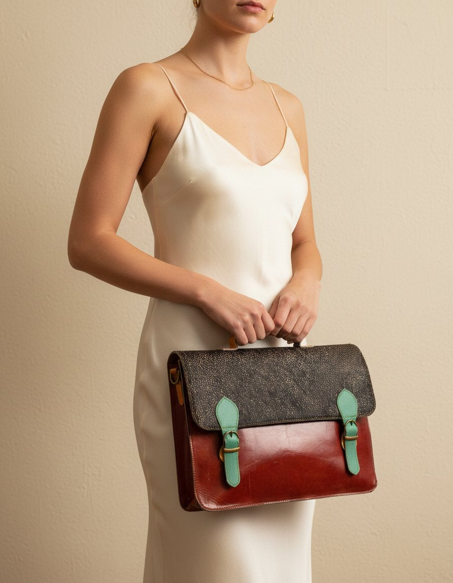 One-of-one hair-on flap leather laptop satchel, spotted flap oxblood satchel colourway (cowhide)