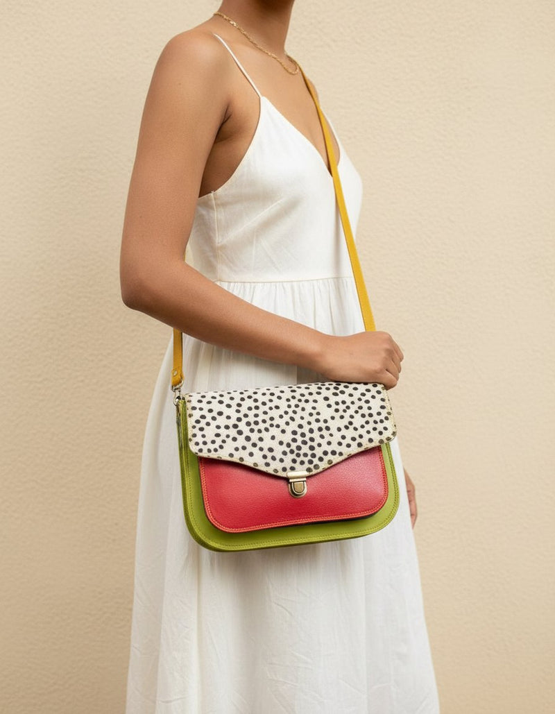 One-of-one hair-on flap push-lock satchel, spotted hair-on flap red lime colourway (cowhide)