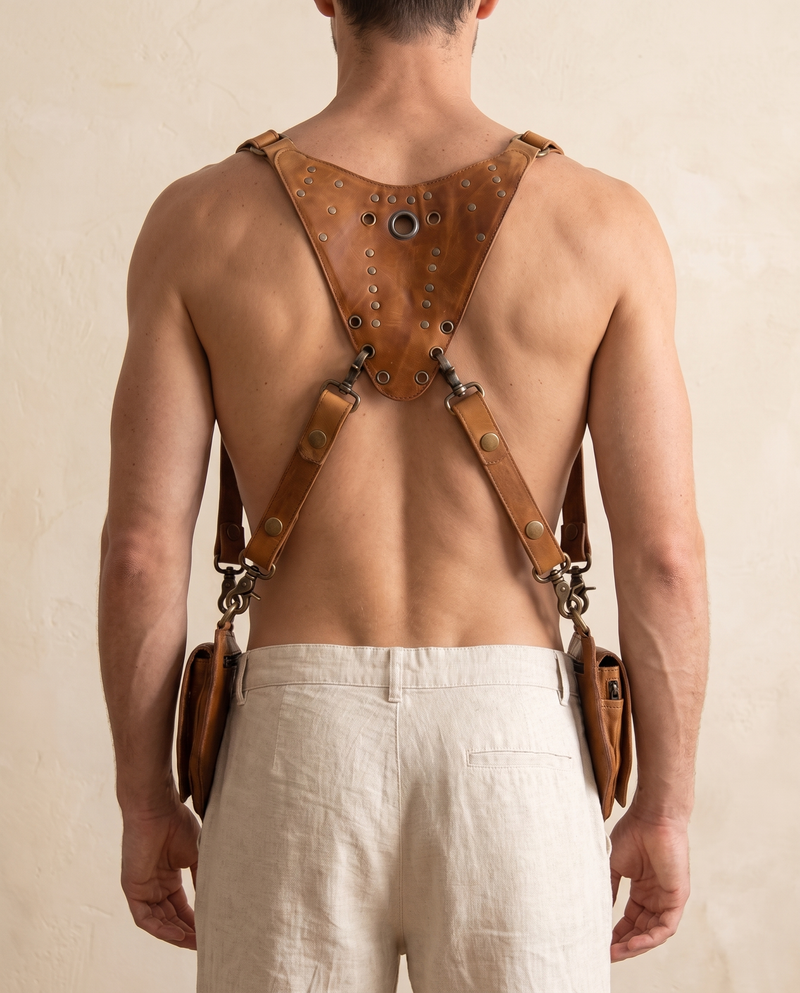 Tan leather harness bag with two detachable pouches, by Ya Qalbi