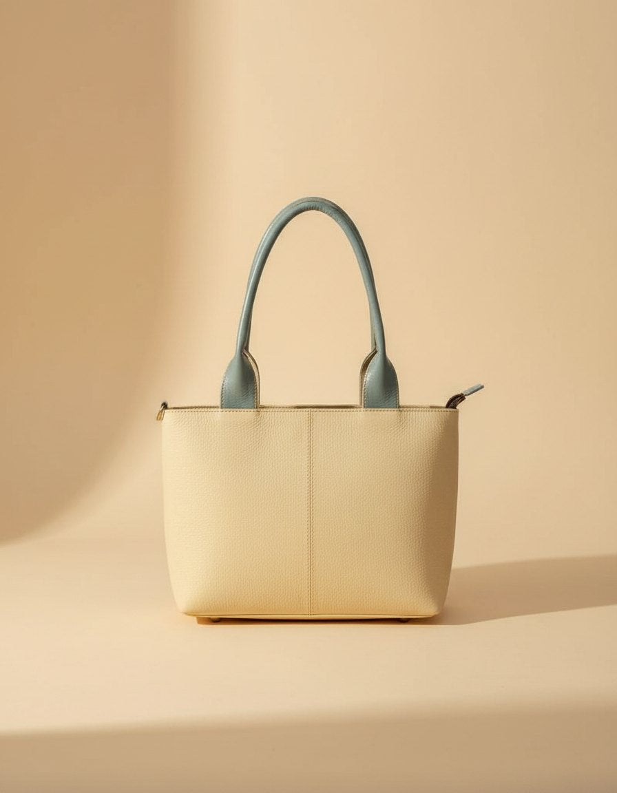 One-of-one hair-on panel leather tote, teal navy tote hair-on pocket colourway (cowhide)