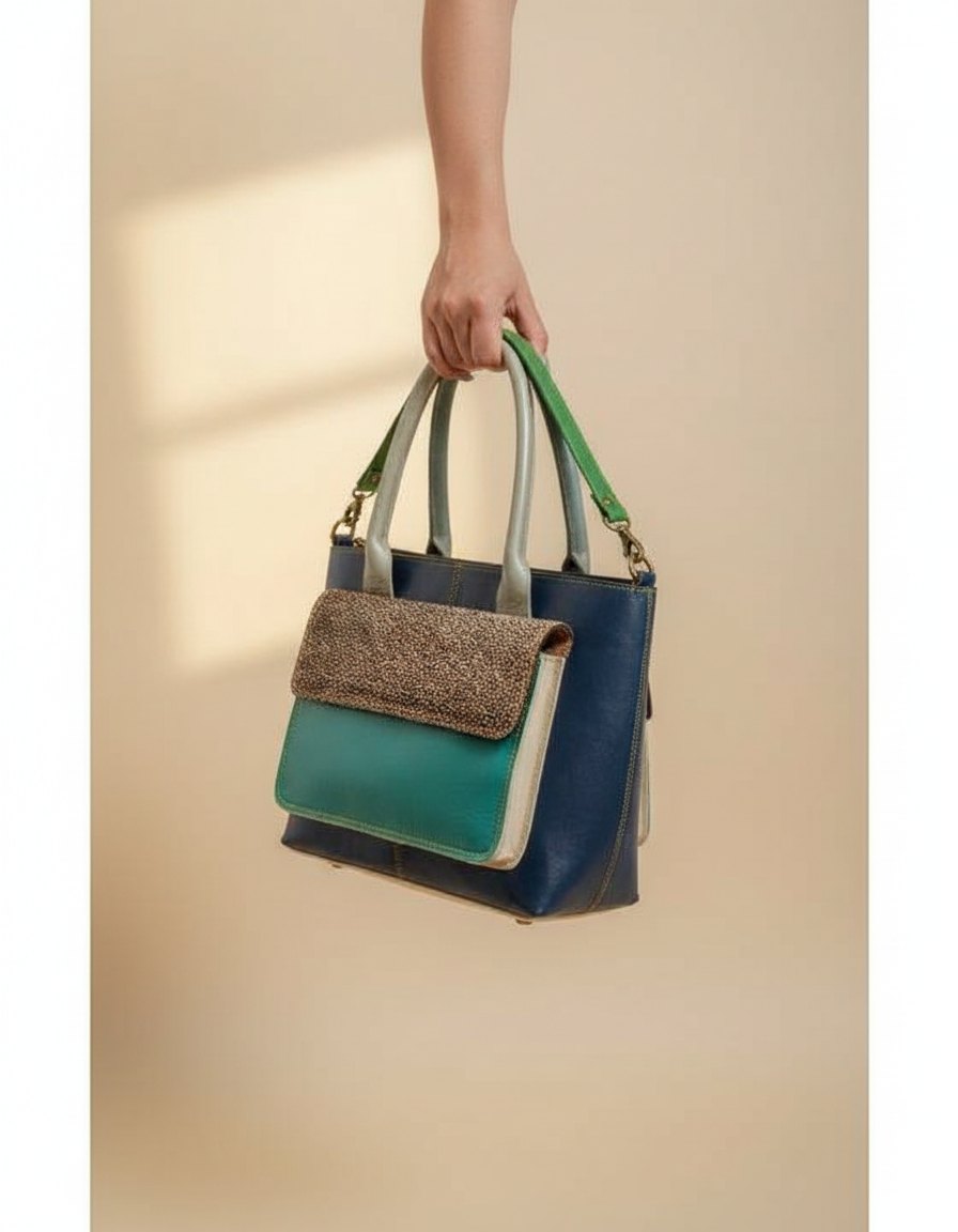 One-of-one hair-on panel leather tote, teal navy tote hair-on pocket colourway (cowhide)