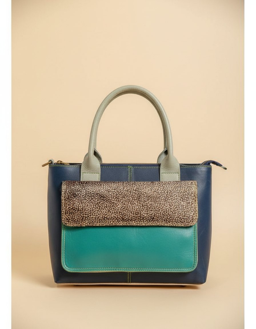 One-of-one hair-on panel leather tote, teal navy tote hair-on pocket colourway (cowhide)