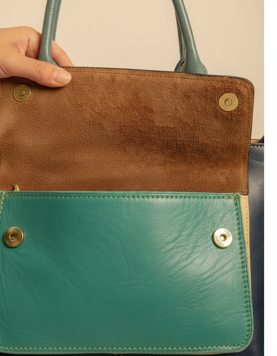 One-of-one hair-on panel leather tote, teal navy tote hair-on pocket colourway (cowhide)