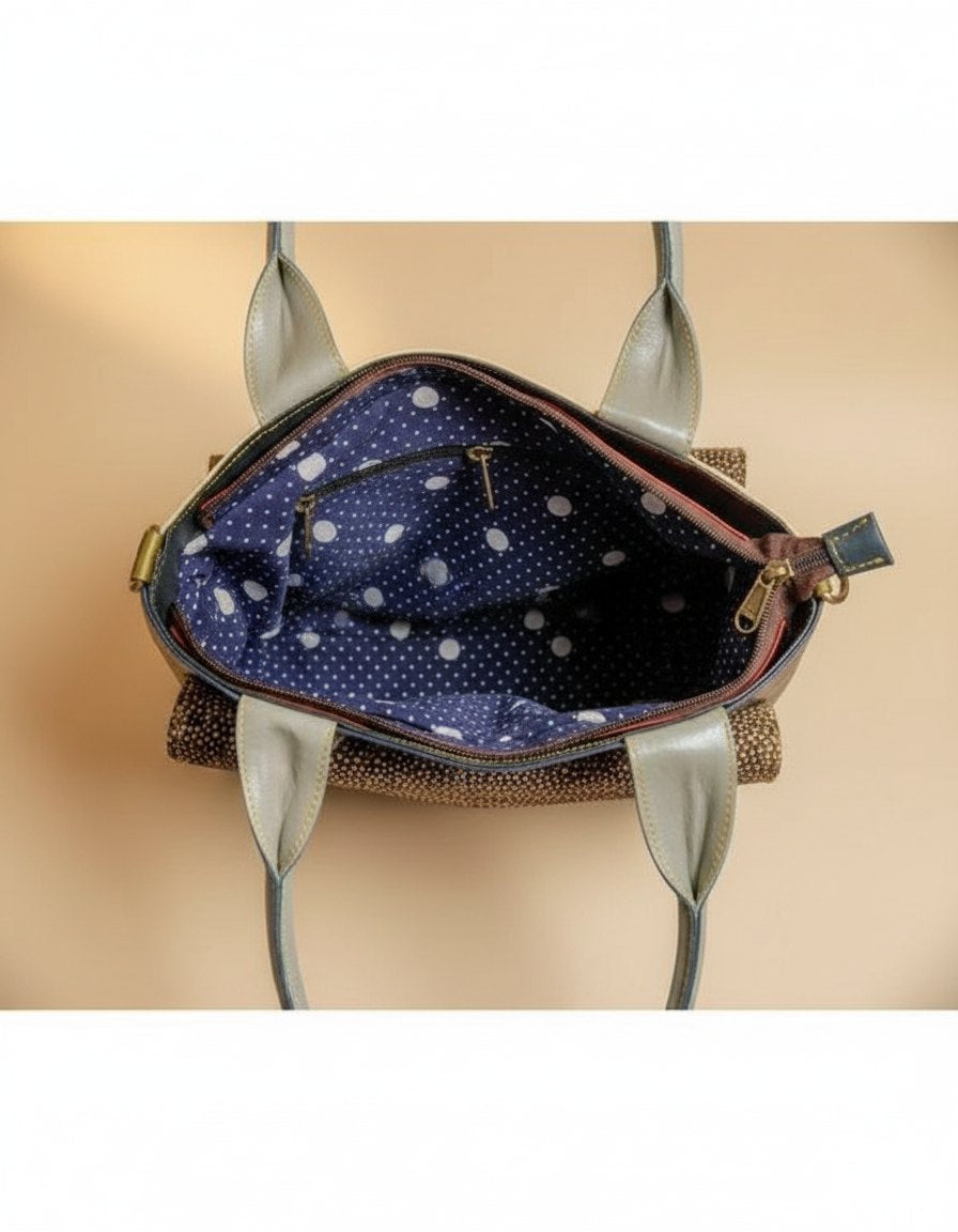 One-of-one hair-on panel leather tote, teal navy tote hair-on pocket colourway (cowhide)