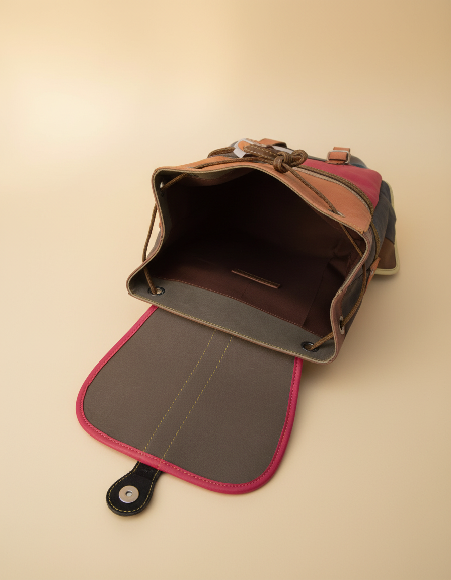 Striped leather backpack, open drawstring top