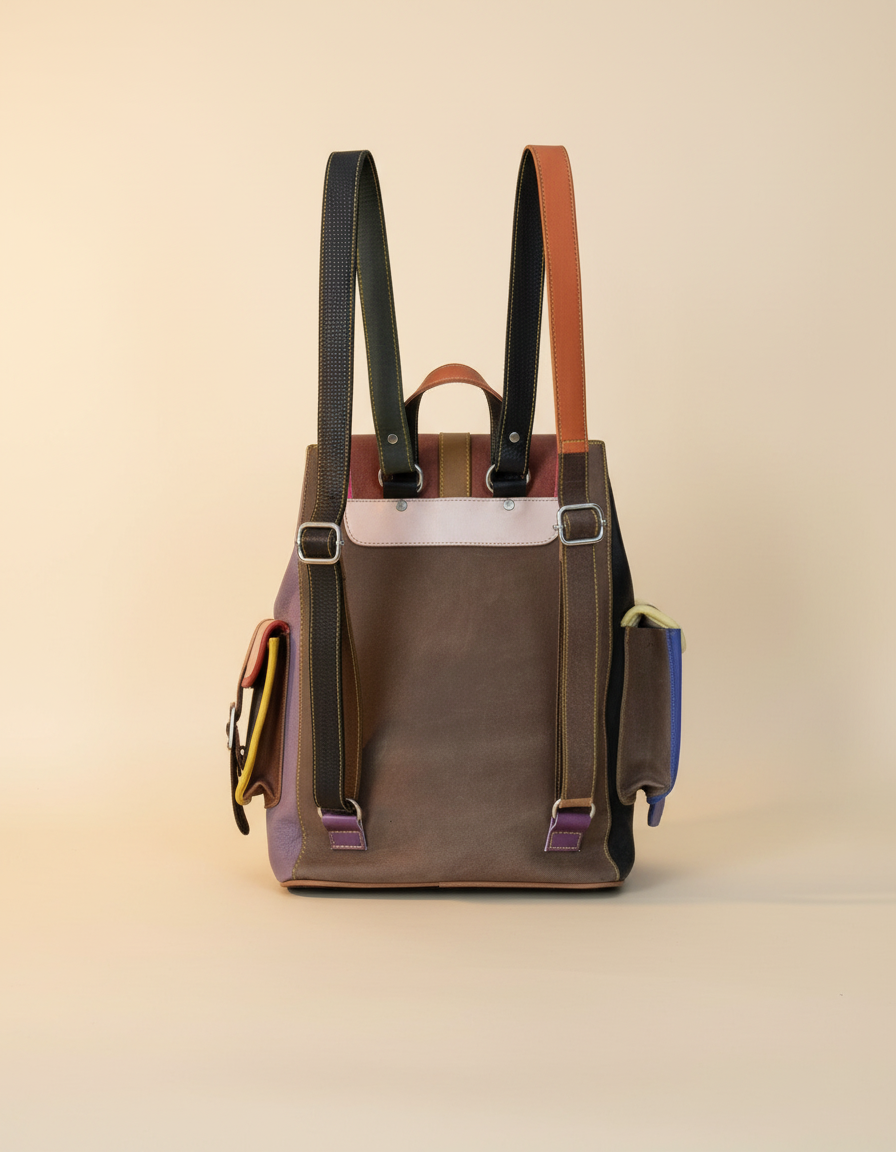 Tooled flap striped leather backpack, back view