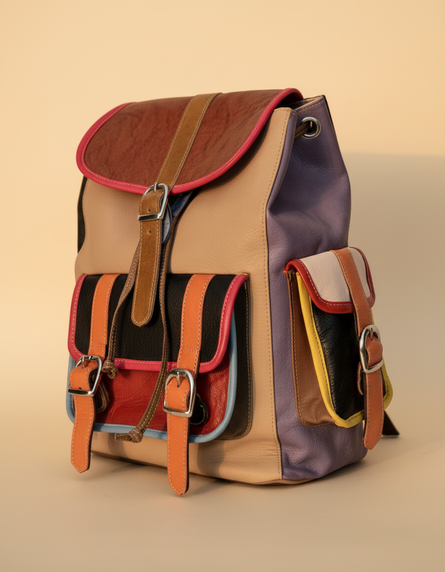 Woman wearing tooled flap striped leather backpack