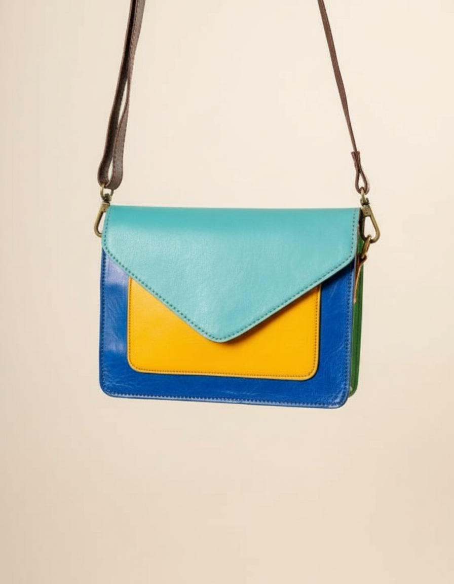 Turquoise and yellow envelope crossbody, angled view
