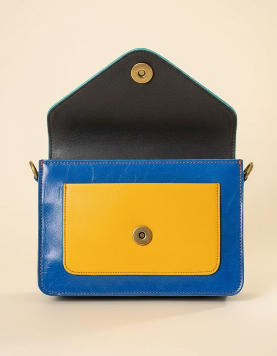 Turquoise and yellow envelope crossbody, open flap