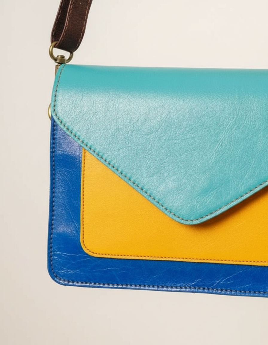 Turquoise and yellow leather envelope crossbody, back view