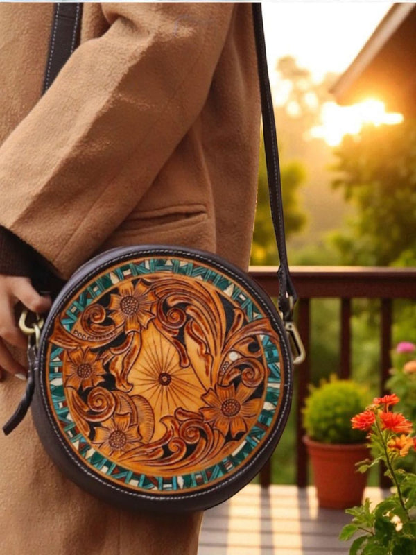 Ya Qalbi Circular Leather Crossbody Bag | Designer Sling Purse with Extra Long Adjustable Strap