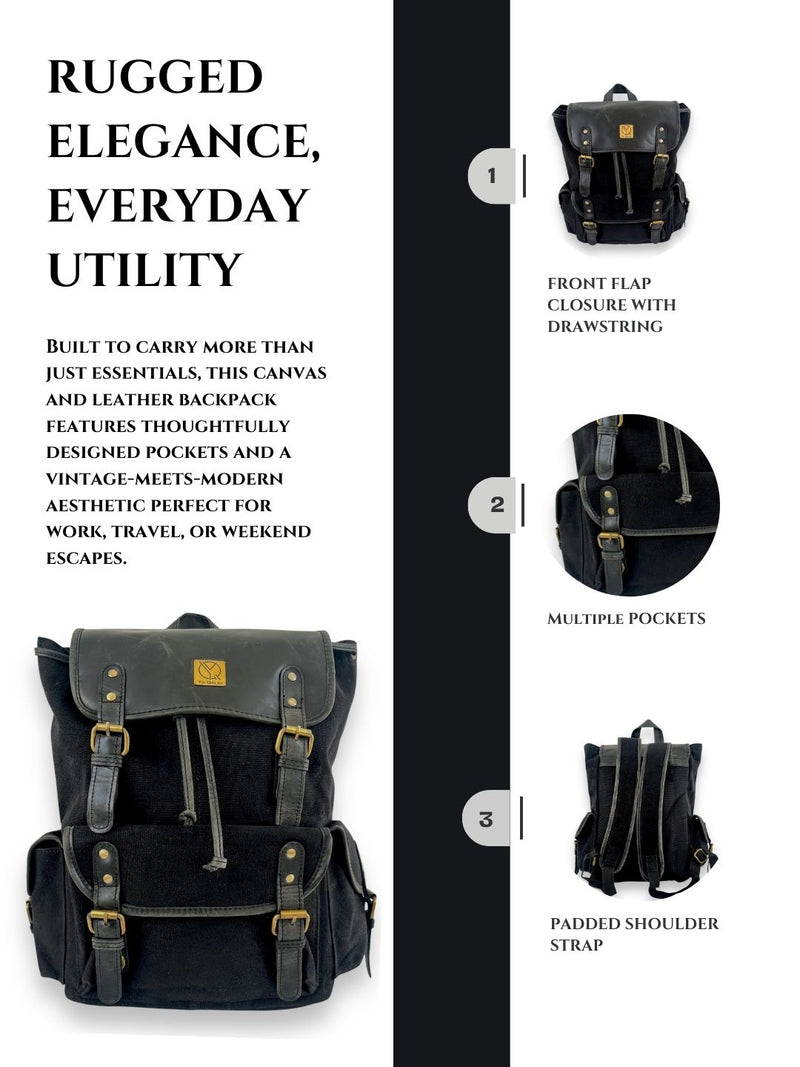 Designer black leather backpack with laptop compartment by Ya Qalbi