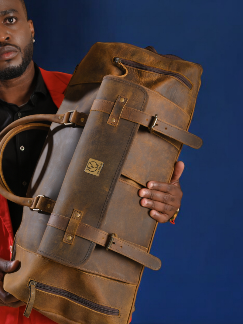 Premium leather weekender shoe compartment by Ya Qalbi