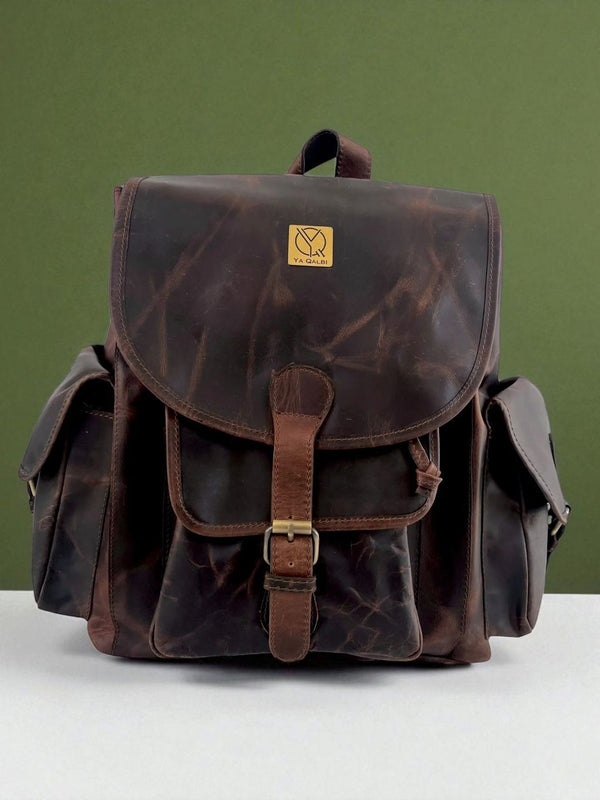 Ya Qalbi Full Grain Brown Leather Backpack | Classic Brass Lock Backpack for Women & Men