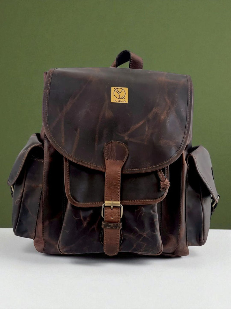 Ya Qalbi Full Grain Brown Leather Backpack | Classic Brass Lock Backpack for Women & Men