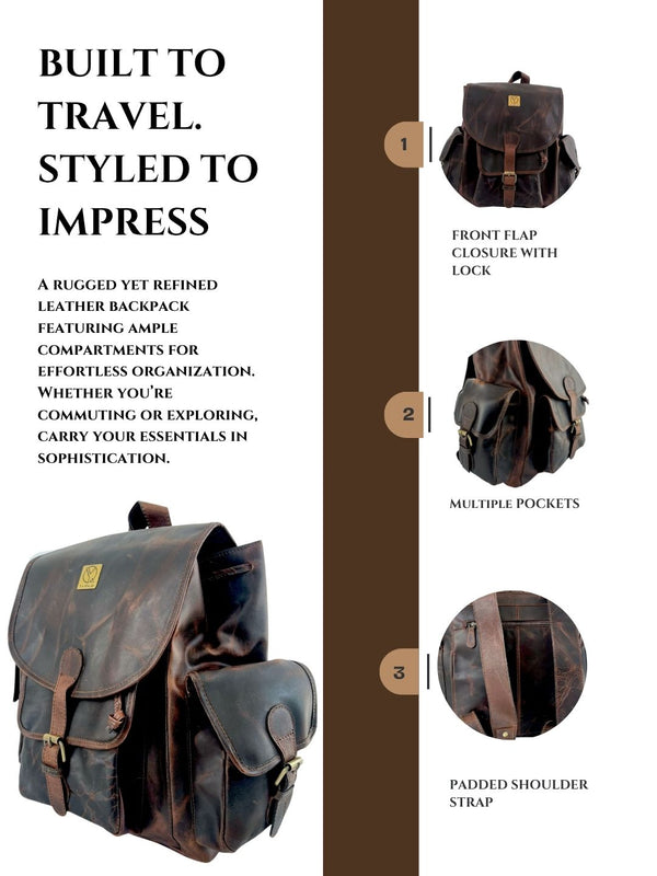 Ya Qalbi Classic Brown Leather Backpack | Full Grain Leather with Brass Lock Unisex