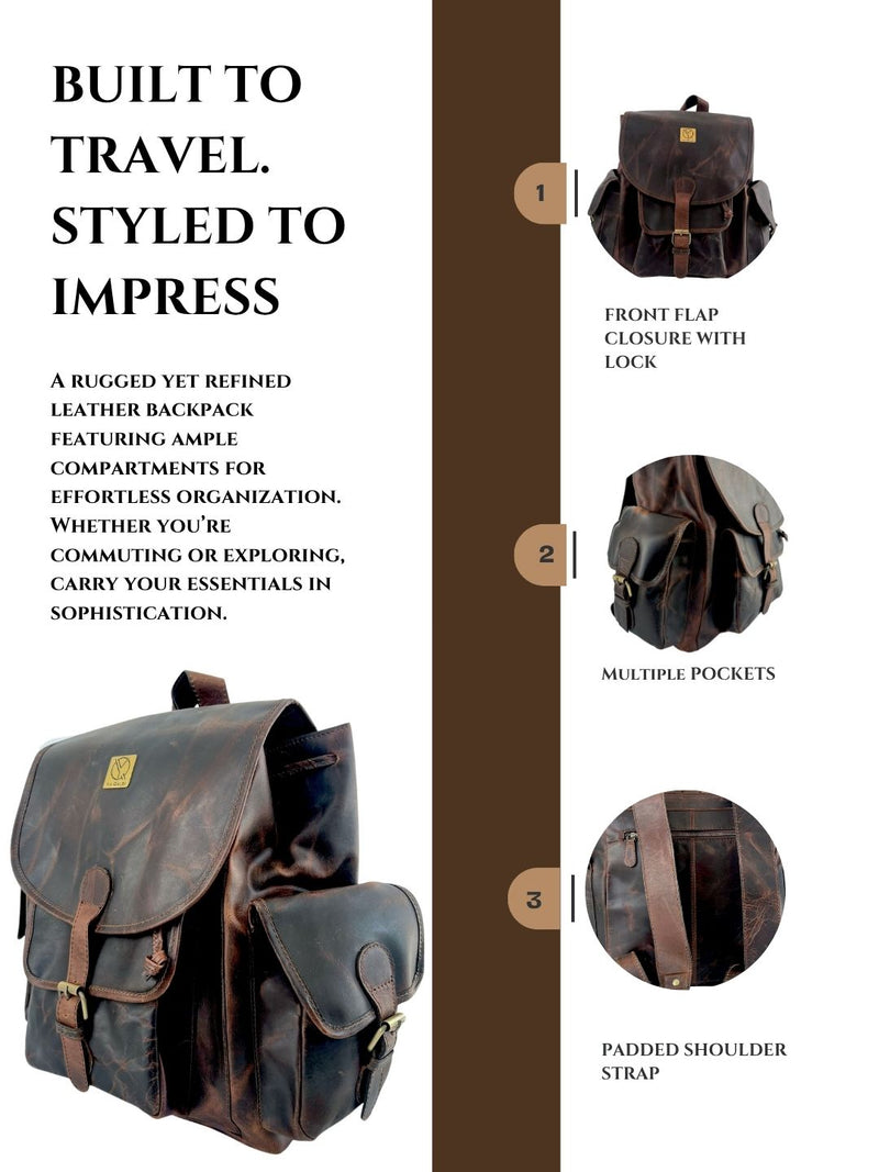 Classic brown leather backpack with brass lock unisex by Ya Qalbi