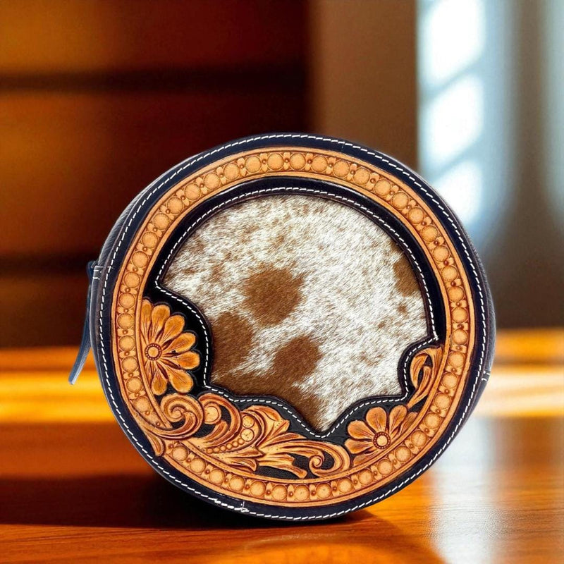 Ya Qalbi Hair-On Leather Crossbody Bag | Circular 24cm Sling Purse with 125cm Adjustable Strap