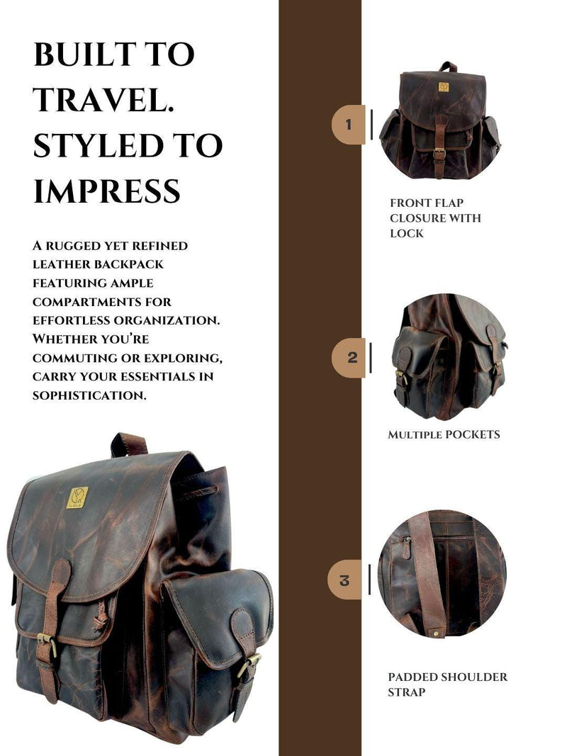 Ya Qalbi Premium Full Grain Leather Backpack | Brown Classic Backpack for Women & Men