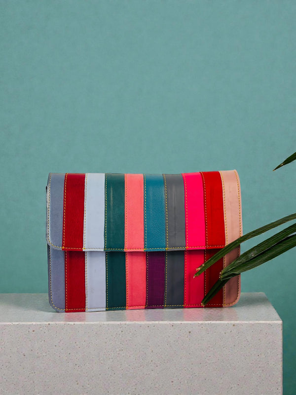 Ya Qalbi Rainbow Leather Crossbody Sling Bag | Vibrant 3-Compartment Travel Purse for Women