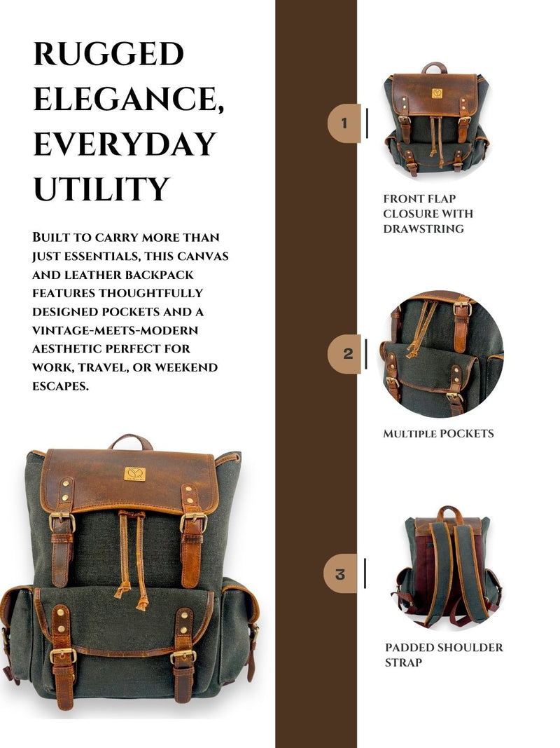 Unisex black leather backpack full-grain design by Ya Qalbi