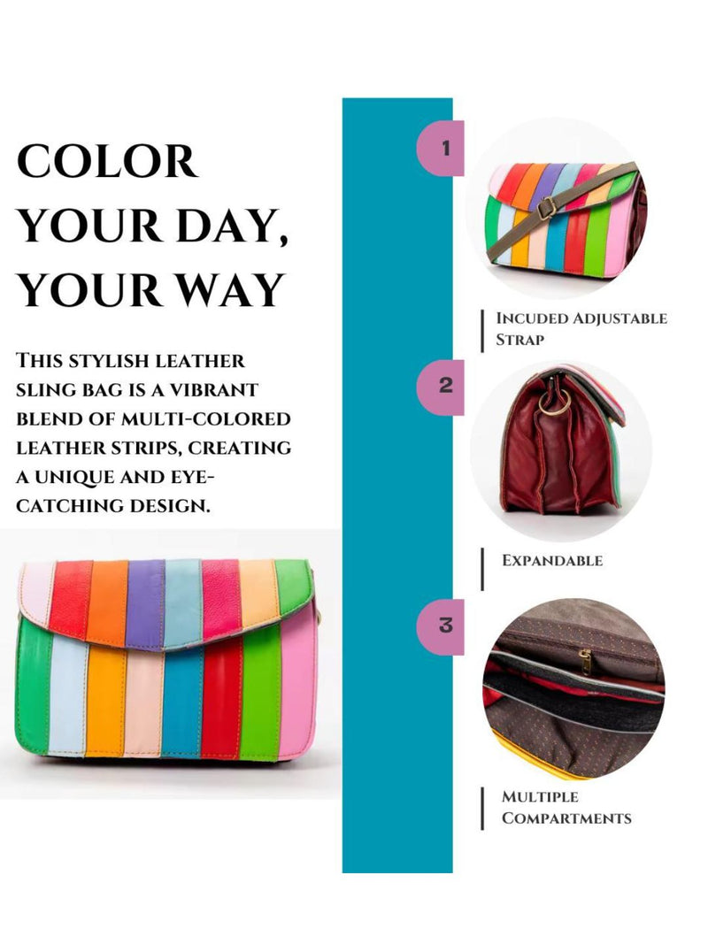 Women's rainbow leather sling 3-compartment crossbody by Ya Qalbi