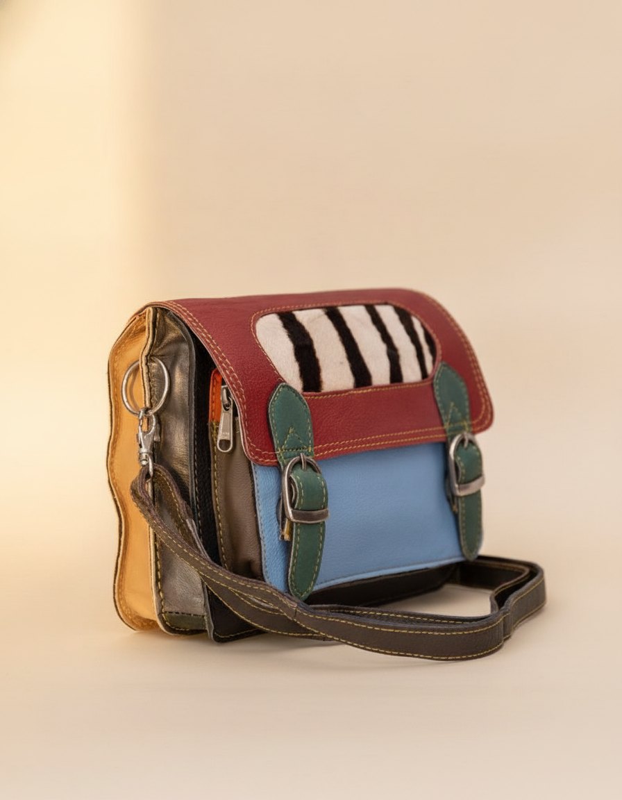 One-of-one hair-on flap leather laptop satchel, zebra flap maroon blue satchel colourway (cowhide)