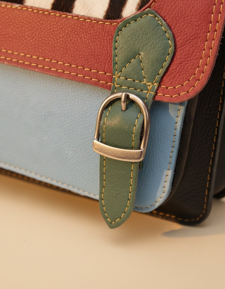 One-of-one hair-on flap leather laptop satchel, zebra flap maroon blue satchel colourway (cowhide)