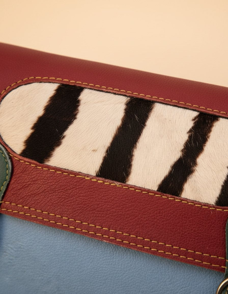 One-of-one hair-on flap leather laptop satchel, zebra flap maroon blue satchel colourway (cowhide)