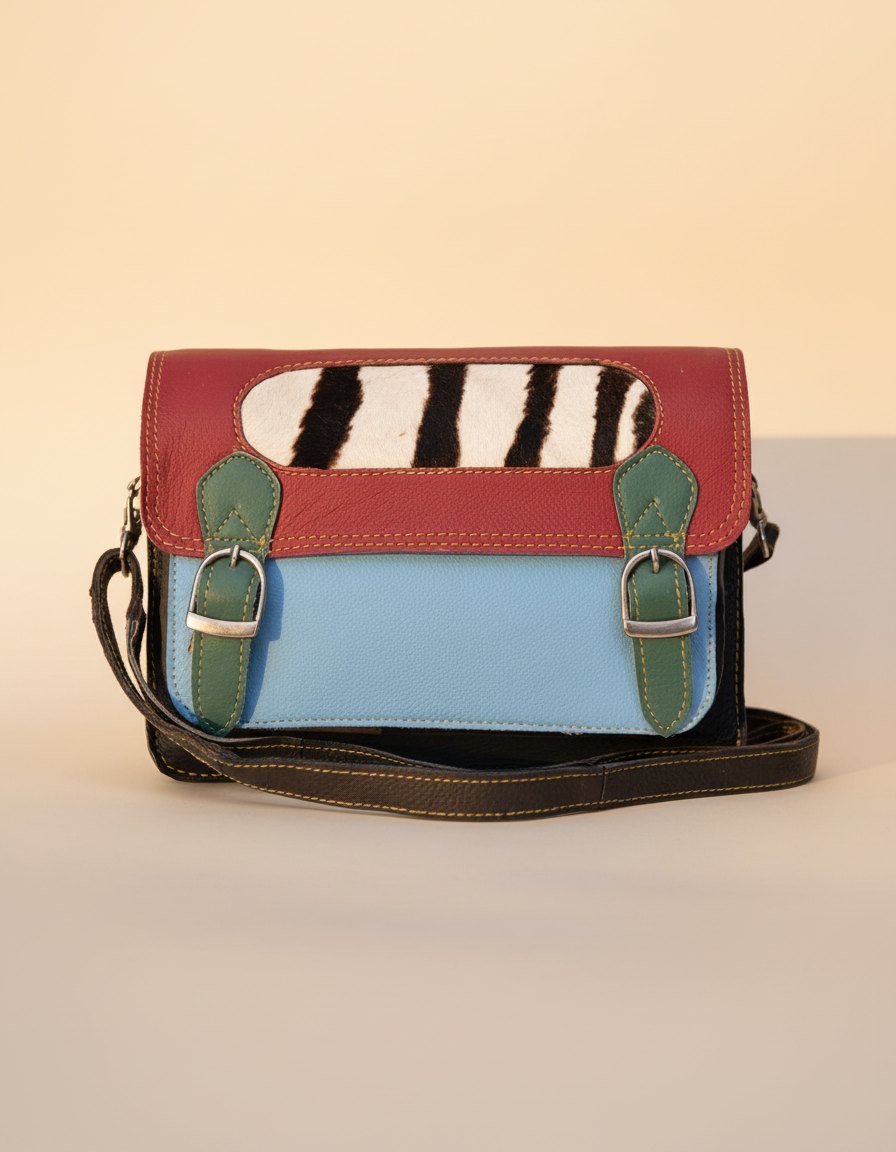 One-of-one hair-on flap leather laptop satchel, zebra flap maroon blue satchel colourway (cowhide)